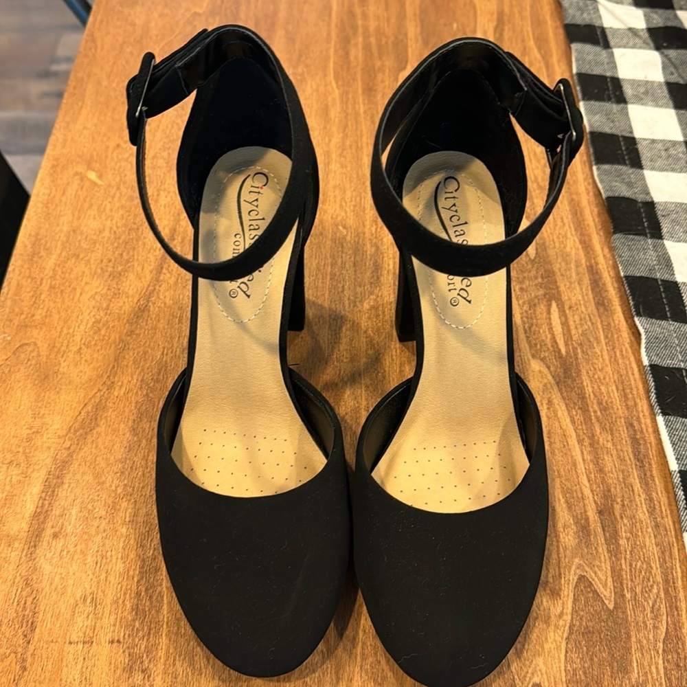 City Classified Comfort Women's Closed Toe Ankle Strap Heel - Black, Size 7